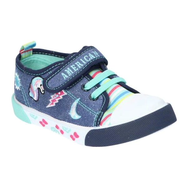 American Club Baskets Avec Empiècement En Cuir Velcro Américain TEN14/22 Jeans Bleu Rose Vert – Image 2