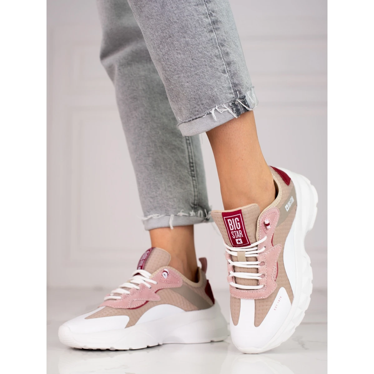 BIG STAR SHOES Baskets Big Star Femme KK274055 Beige Blanche Rose