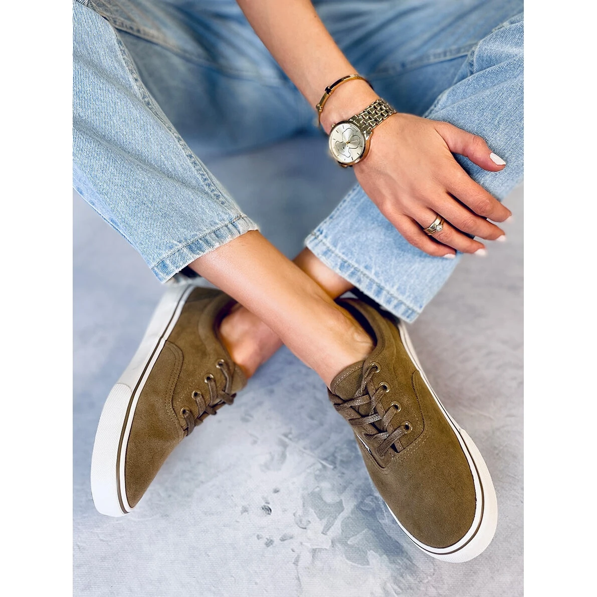 BM Baskets Femme En Daim Lovis Taupe Vert