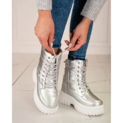 Bottes De Neige Argentées Pour Femme Avec Laçage Shelovet