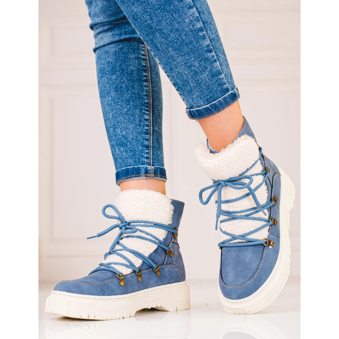 Bottes De Neige Bleues Pour Dames Avec Un Manteau En Peau De Mouton Shelovet – Image 2