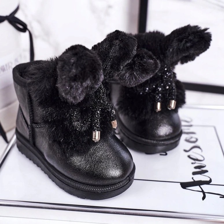Bottes De Neige Pour Enfants Avec Fourrure Avec Oreilles Lapin Noir Le Noir – Image 3
