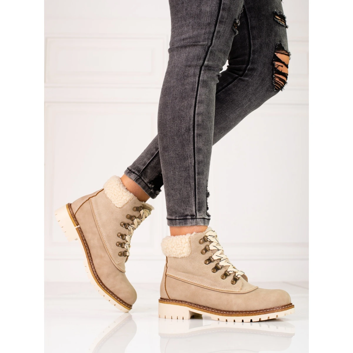 Bottes De Randonnée Pour Femmes Avec Peau De Mouton Shelovet Brun