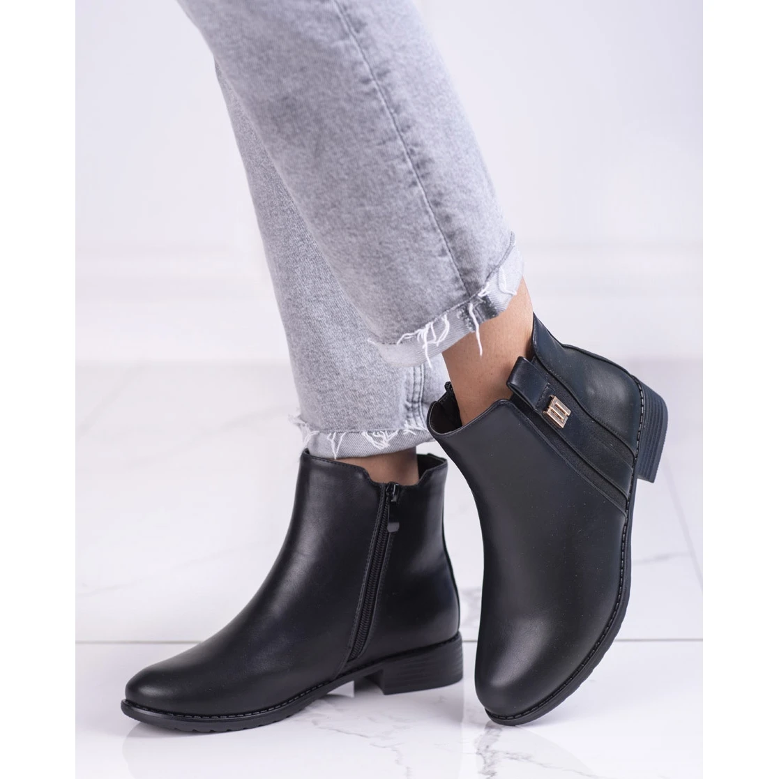 Bottines Chelsea élégantes Pour Femme à Talons Plats Shelovet Le Noir – Image 2