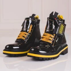 Bottines En Cuir Verni Pour Fille Avec Empiècements Shelovet Jaunes Le Noir