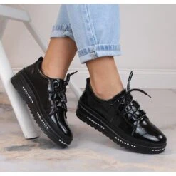 Chaussures Compensées Confortables En Cuir Laqué Noir S.Barski LR29592 Le Noir