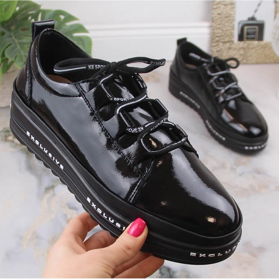 Chaussures Compensées Confortables En Cuir Laqué Noir S.Barski LR29592 Le Noir – Image 4