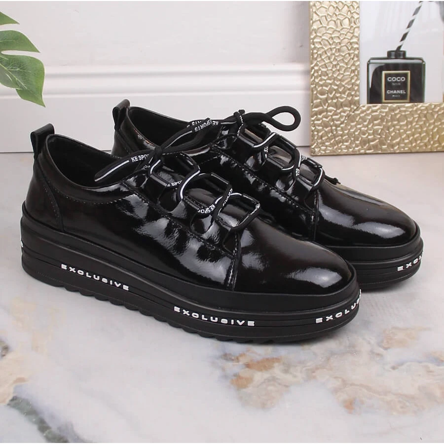 Chaussures Compensées Confortables En Cuir Laqué Noir S.Barski LR29592 Le Noir – Image 5