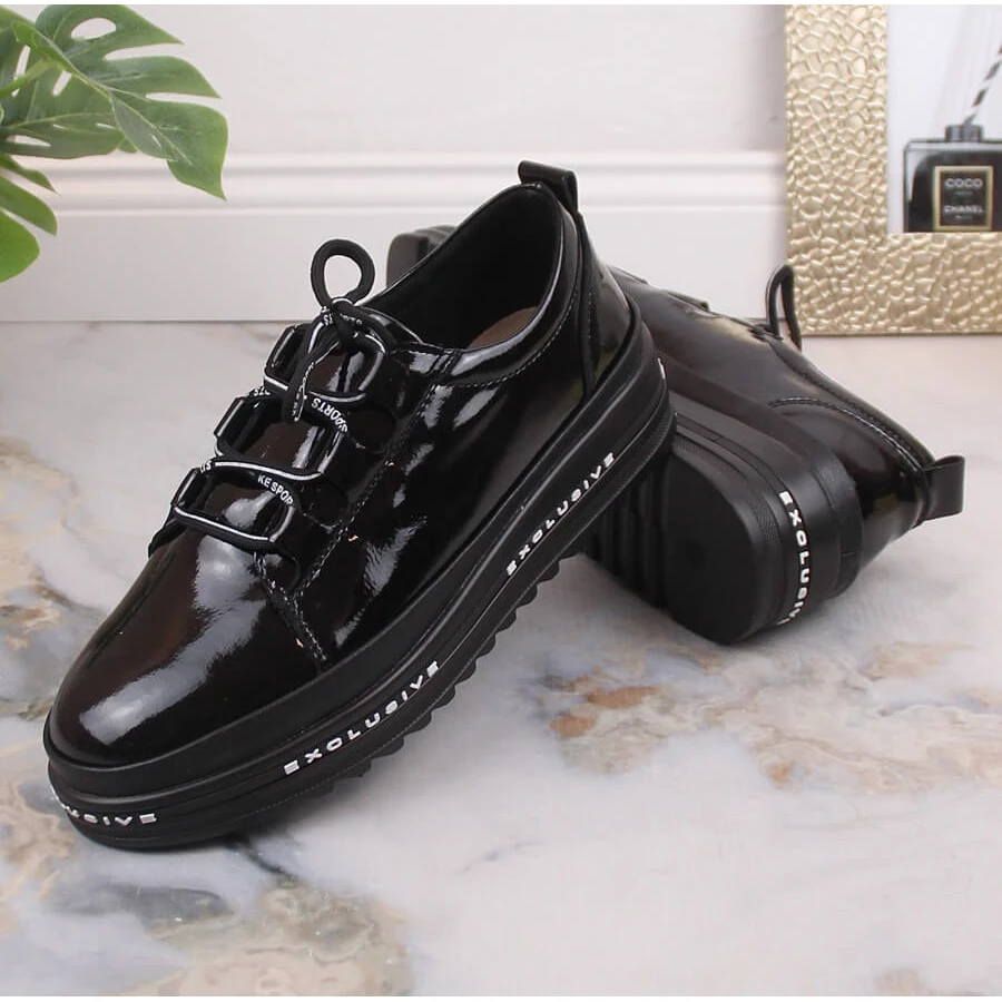 Chaussures Compensées Confortables En Cuir Laqué Noir S.Barski LR29592 Le Noir – Image 6