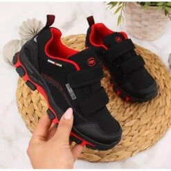 Chaussures De Trekking Imperméables Pour Enfants à Fermeture Velcro American Club Noires Et Rouges Le Noir