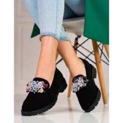 Chaussures En Daim Pour Femmes Avec Décorations Shelovet Le Noir