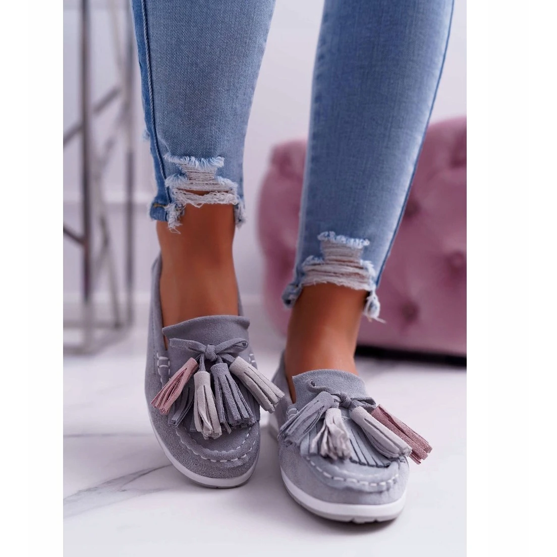 EVE Mocassins Femme, Cuir Suédé à Franges, Batist Gris – Image 2