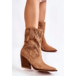 FB1 Bottes De Cow-boy En Daim à La Mode Avec Des Fleurs Camel Coralie Brun