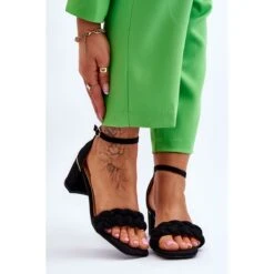 FB2 Sandales à Talons Hauts En Daim Avec Tresses Azela Noires Ornées Le Noir