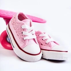 FR1 Baskets Enfant Avec Dentelle Blanc Roly-Poly Rose Rose