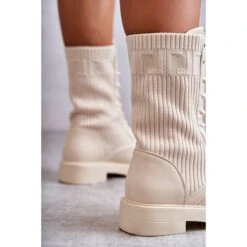 FS1 Bottines Femme Avec Une Chaussette Sur Un Talon Plat Beige Liam