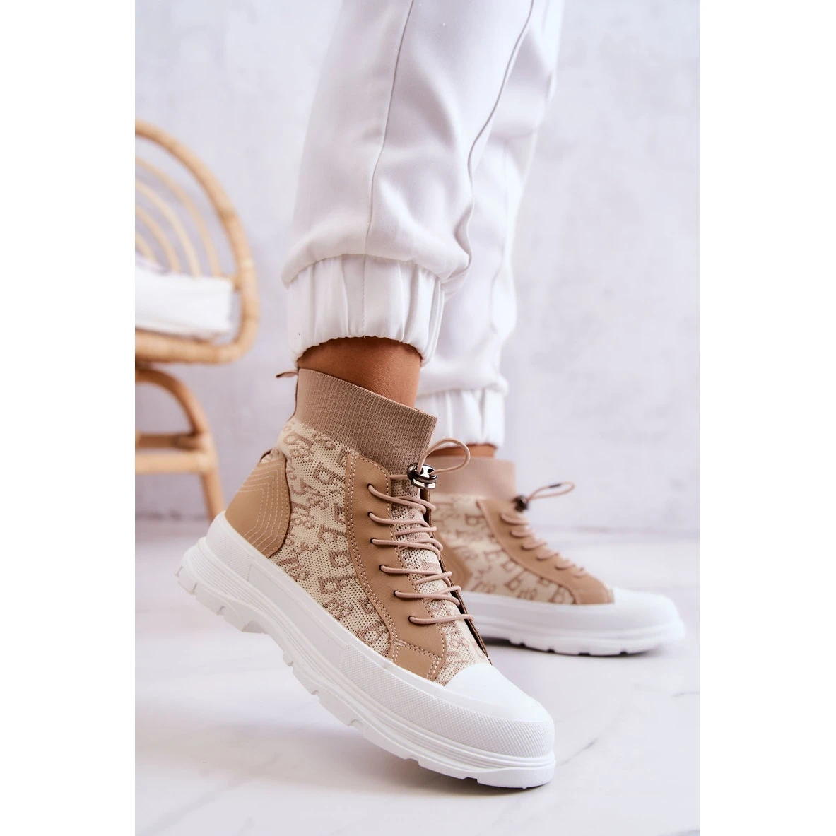 FW1 Baskets à La Mode High Sock Beige Collin – Image 2