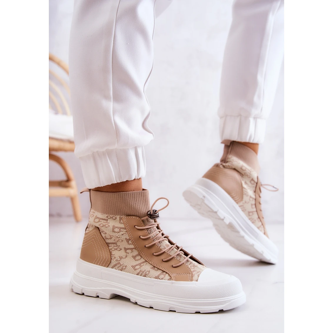 FW1 Baskets à La Mode High Sock Beige Collin – Image 3