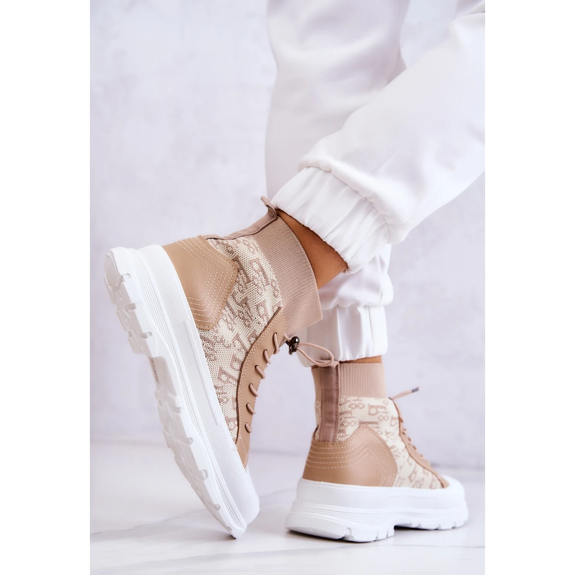 FW1 Baskets à La Mode High Sock Beige Collin – Image 5