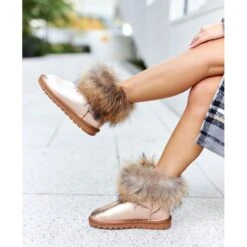 HAN Bottes De Neige Femme En Cuir Avec Fourrure Champagne Snow Fox Rose
