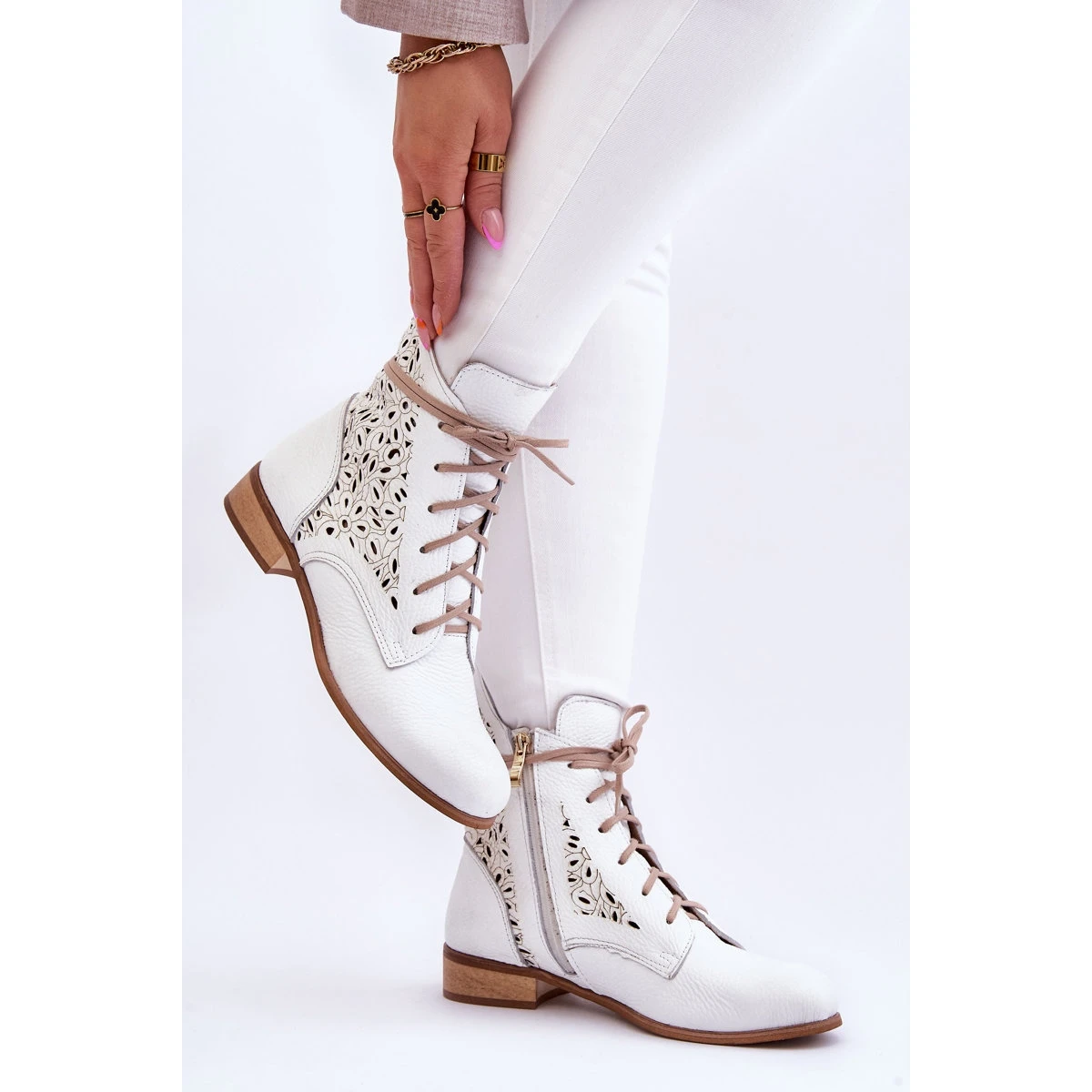 Lewski Shoes Bottes Zippées En Cuir Pour Femmes Left Shoes 3186 White Peas Blanche – Image 3