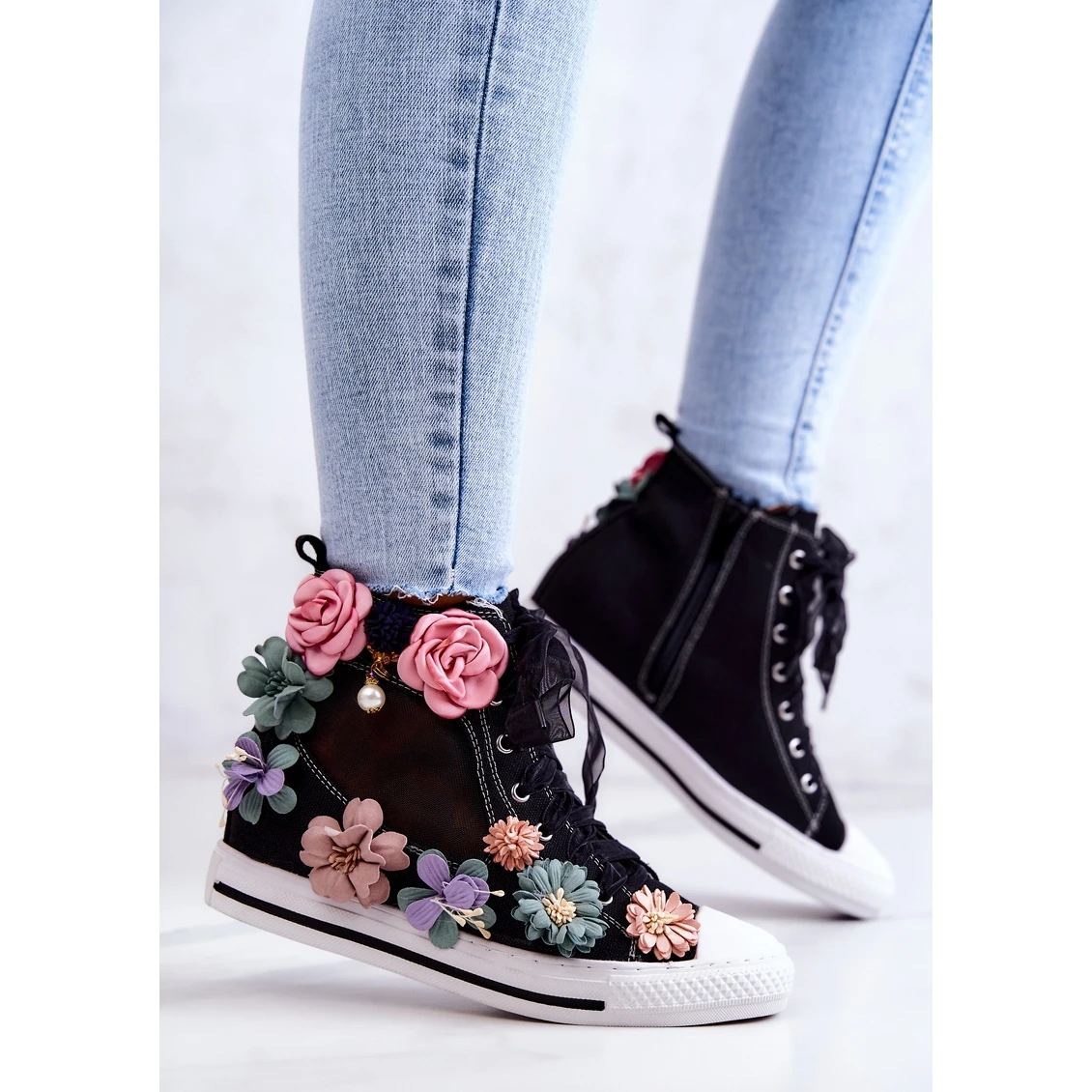 LU BOO Baskets Montantes à Fleurs Noir Sellin Le Noir Multicolore