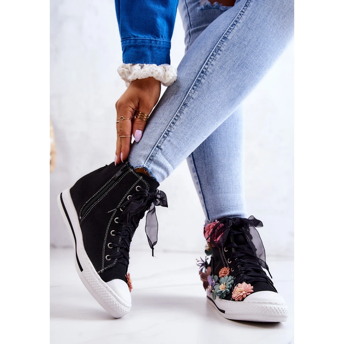 LU BOO Baskets Montantes à Fleurs Noir Sellin Le Noir Multicolore – Image 3