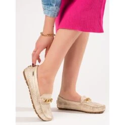 Mocassins En Daim Clair Ajouré Shelovet Beige Et Or D'or