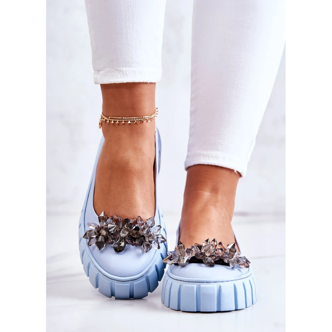 PA2 Ballerines En Cuir Sur Une Plateforme Ornée D'un Ornement De Ladette Bleu Clair – Image 4