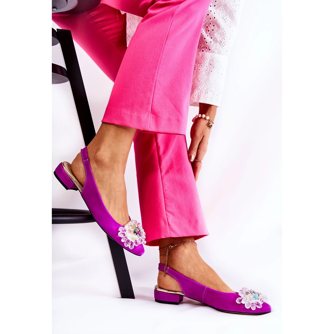 PA2 Ballerines En Daim Sur Talons Hauts Avec Décoration Elena Rose Foncé – Image 4