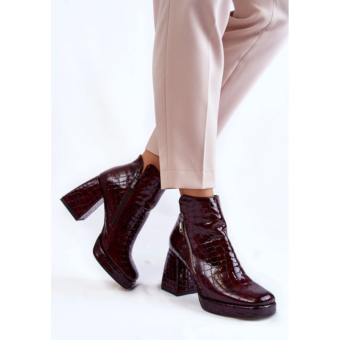 PA2 Bottines Cuir Motif Croco Bordeaux Alienore – Image 5