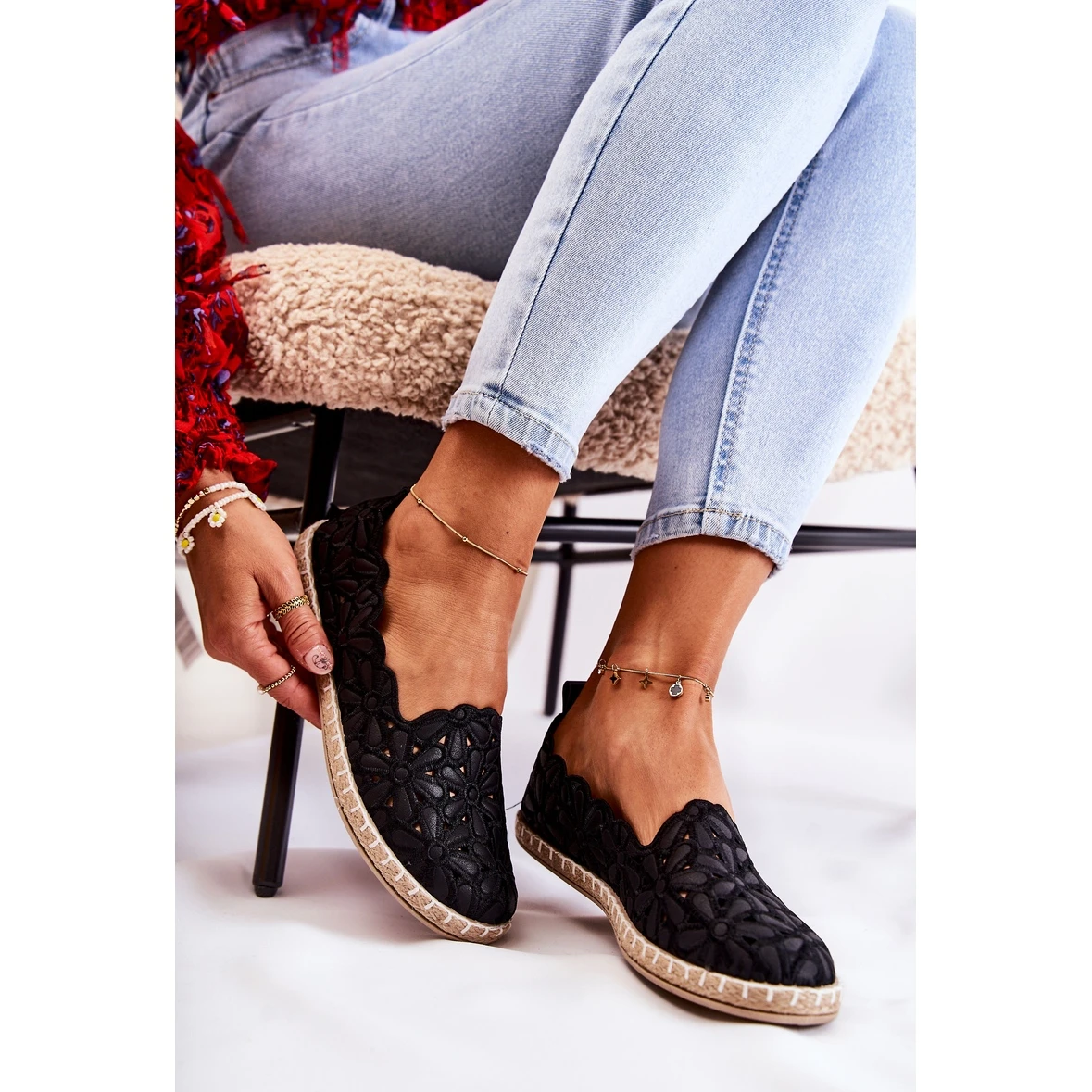 PE1 Ballerines Ă Enfiler Pour Femme Avec Fleurs De Venise Noires Le Noir