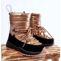 PE1 Bottes De Neige Dorées Leena Warm Pour Enfant Avec Fermeture éclair D'or