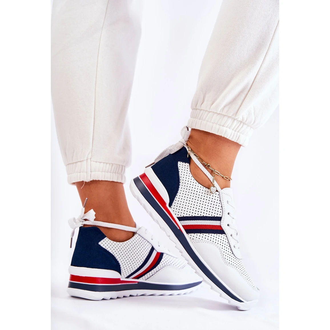 PE1 Chaussures De Sport Femme En Cuir Blanc Et Bleu Marine Jane Blanche – Image 5
