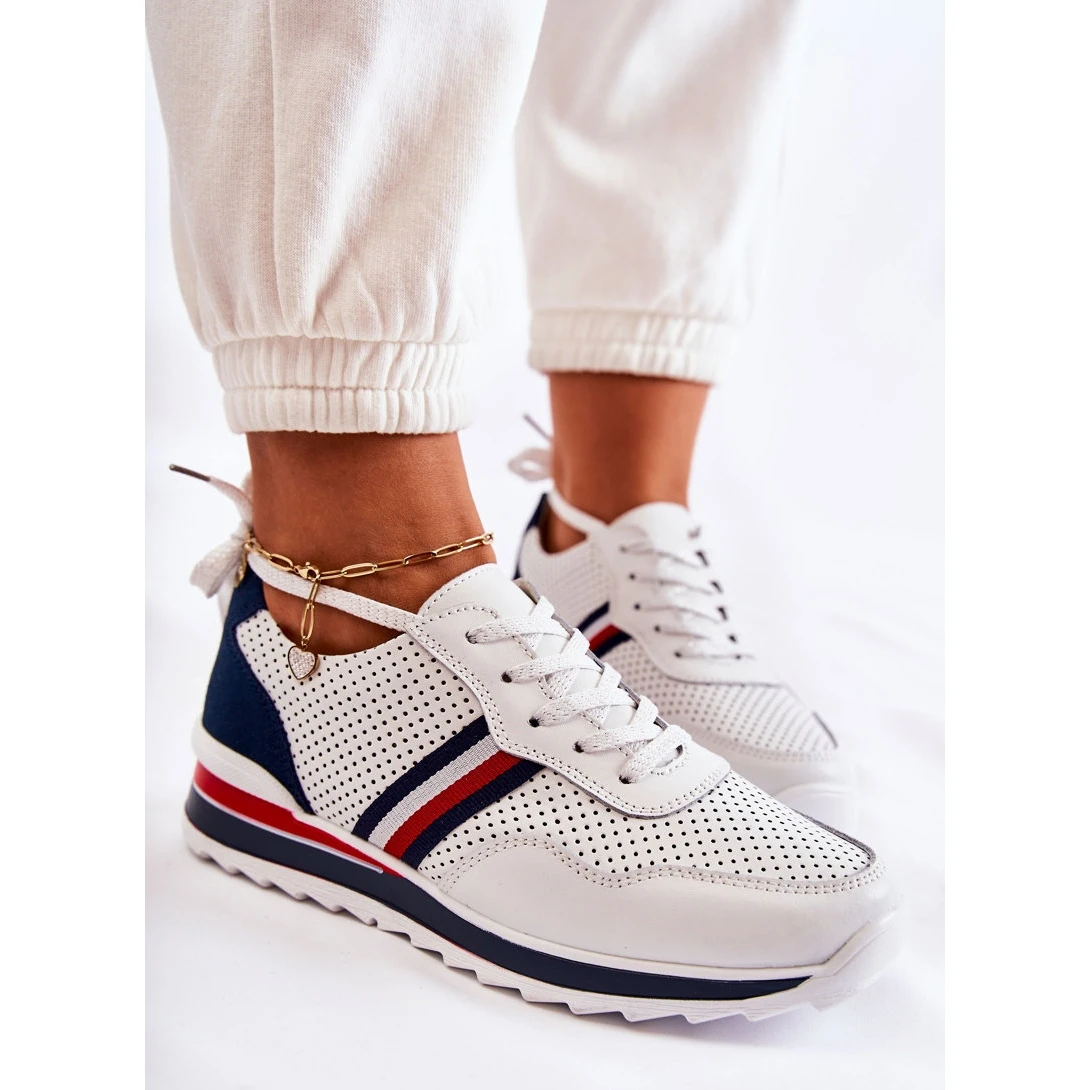 PE1 Chaussures De Sport Femme En Cuir Blanc Et Bleu Marine Jane Blanche – Image 6