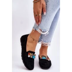 PE1 Mocassins Femme En Daim Avec Cristaux Noir Lucille Le Noir