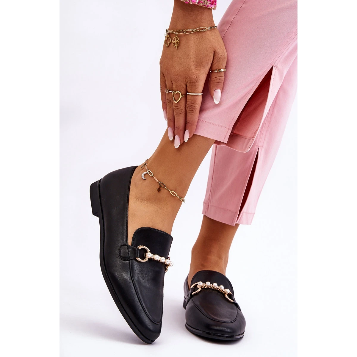 PG1 Mocassins Femme En Cuir Avec Perles Décoratives Noir Ishan Le Noir