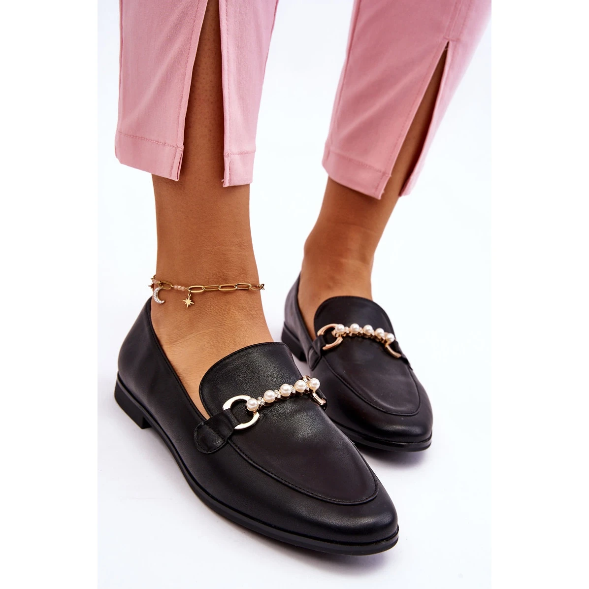 PG1 Mocassins Femme En Cuir Avec Perles Décoratives Noir Ishan Le Noir – Image 6