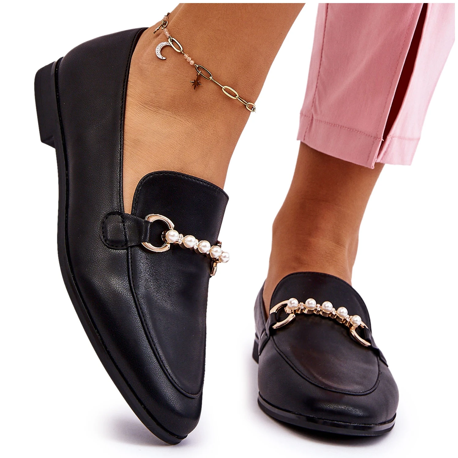 PG1 Mocassins Femme En Cuir Avec Perles Décoratives Noir Ishan Le Noir – Image 7