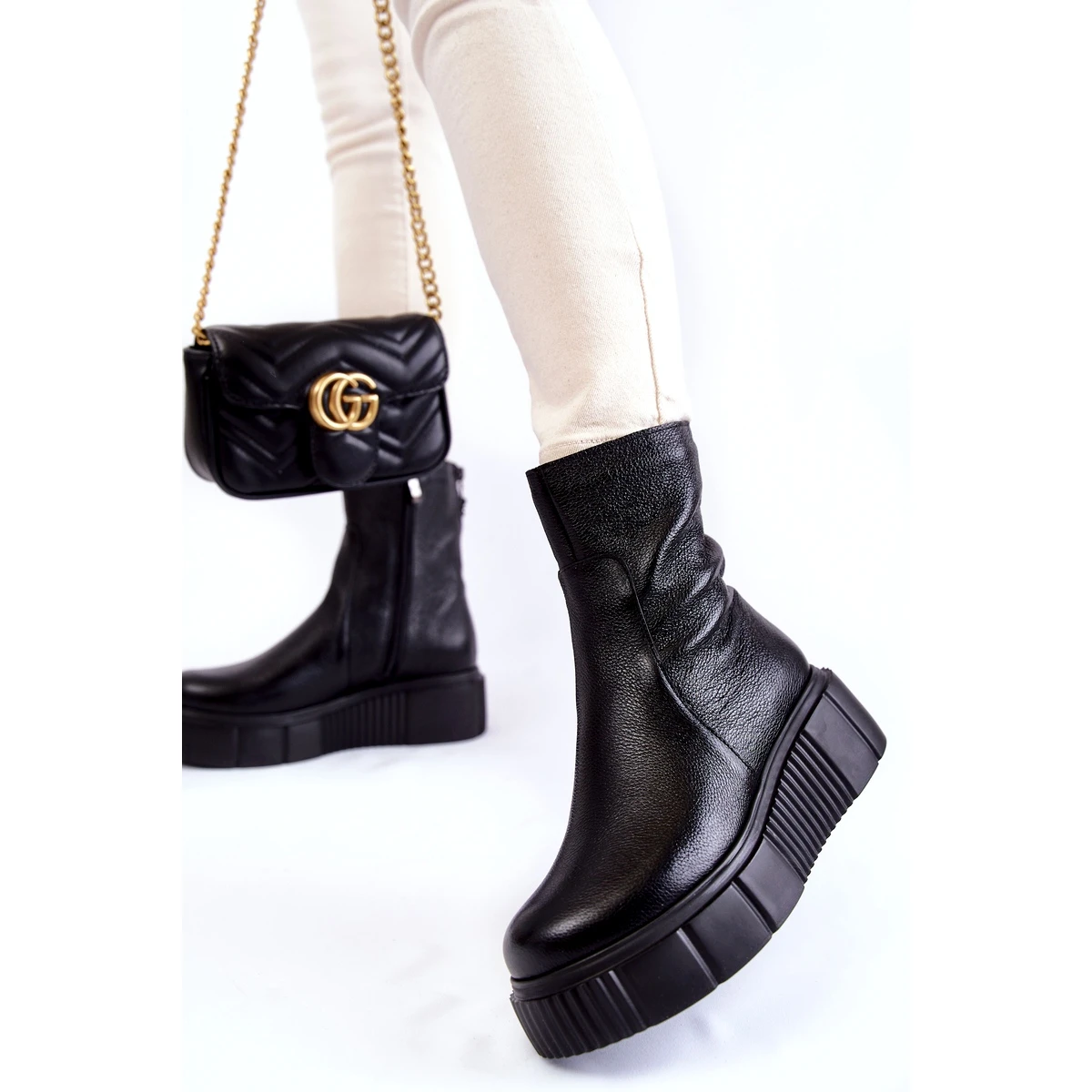 PL5 Bottes En Cuir Pour Femmes Sur La Plate-forme Noire Le Noir