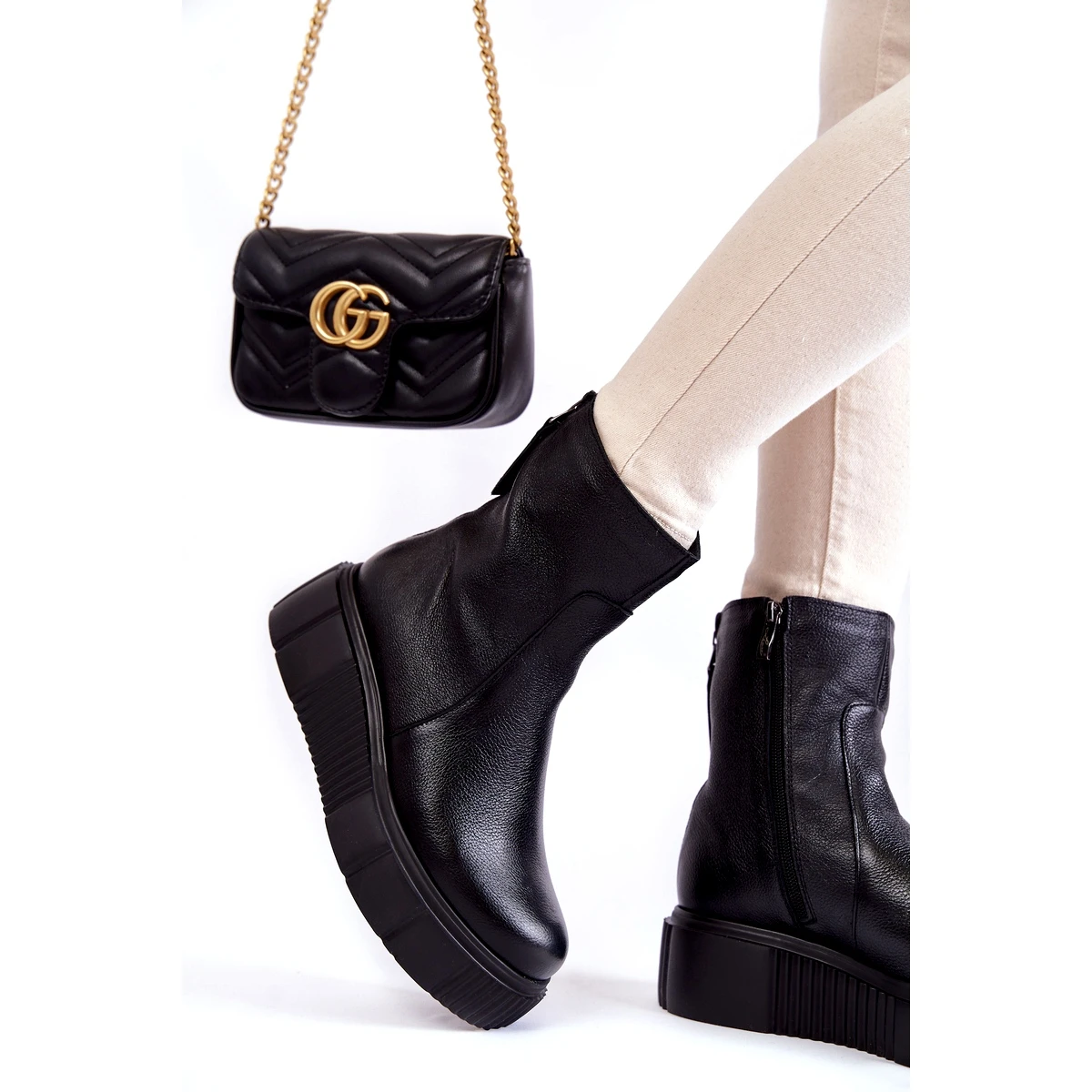 PL5 Bottes En Cuir Pour Femmes Sur La Plate-forme Noire Le Noir – Image 2