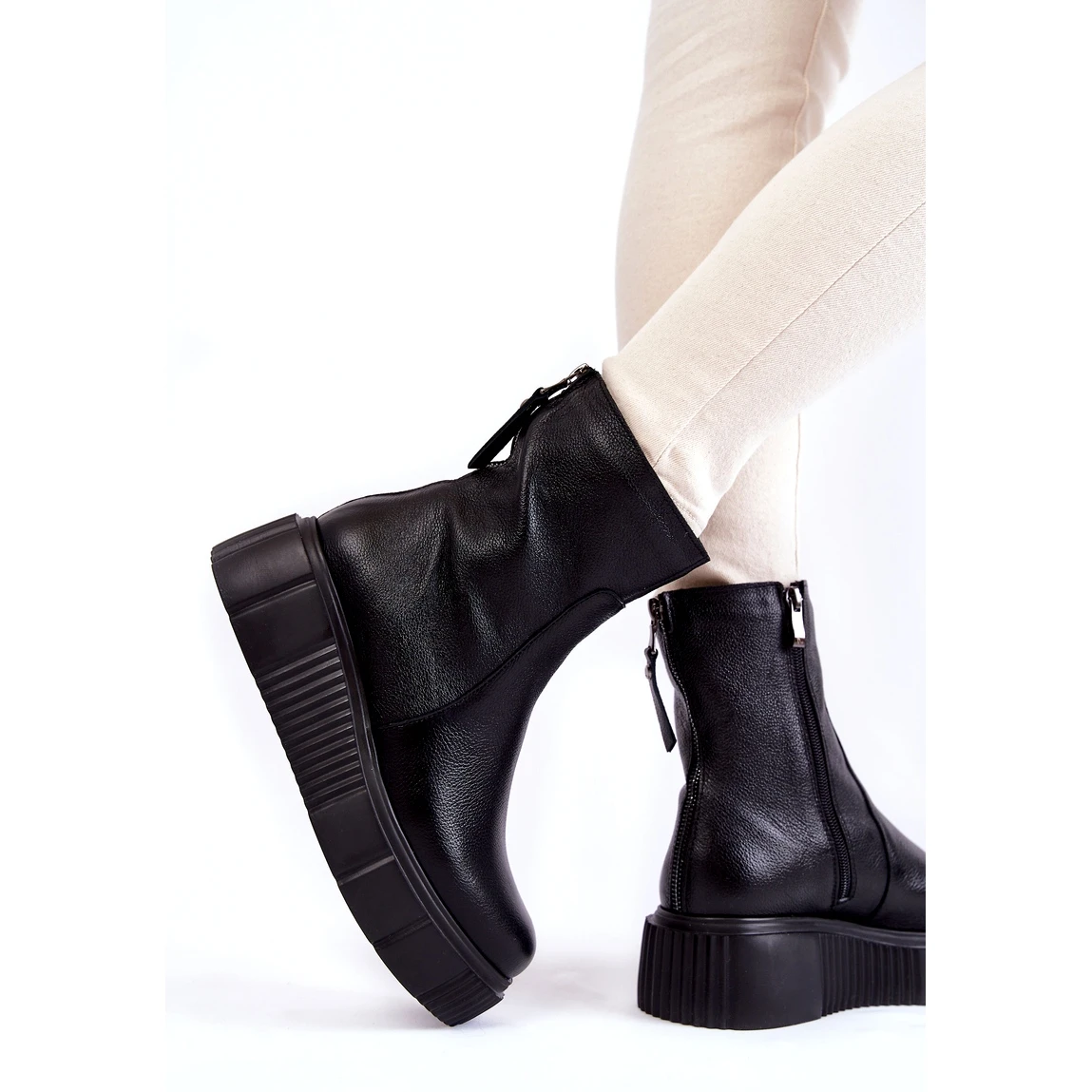 PL5 Bottes En Cuir Pour Femmes Sur La Plate-forme Noire Le Noir – Image 3