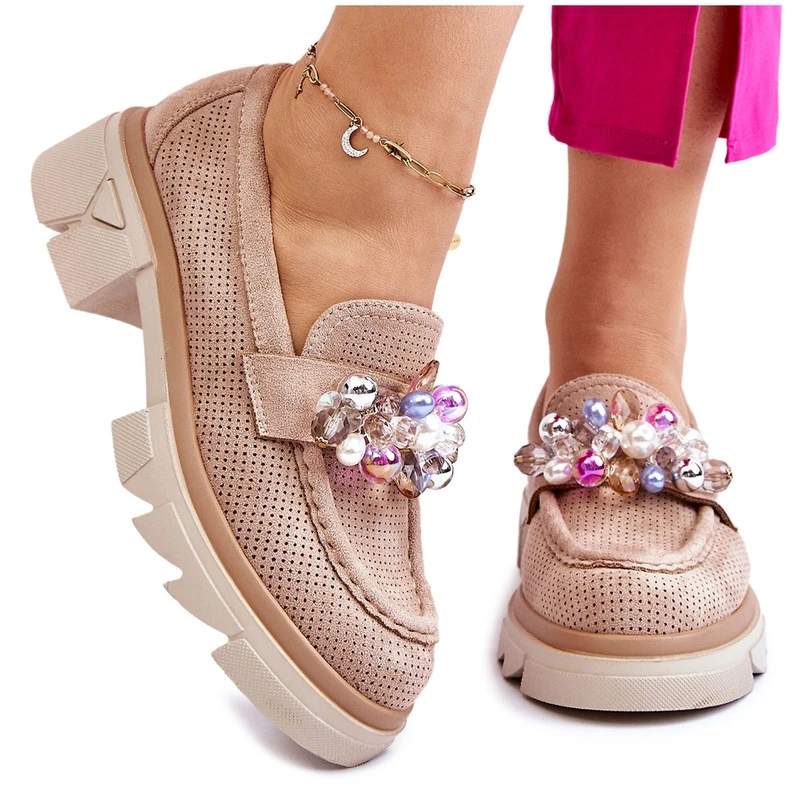 PM1 Mocassins Richelieu Femme Avec Décorations Beige Issac – Image 13