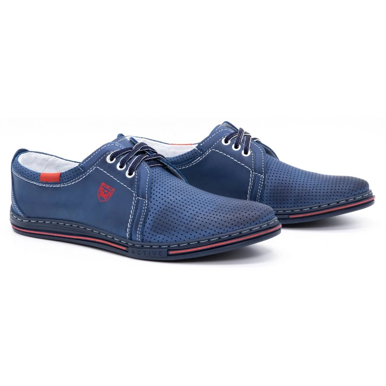 Polbut Chaussures En Cuir Pour Homme 343, Perforation Bleu Marine Rouge – Image 2