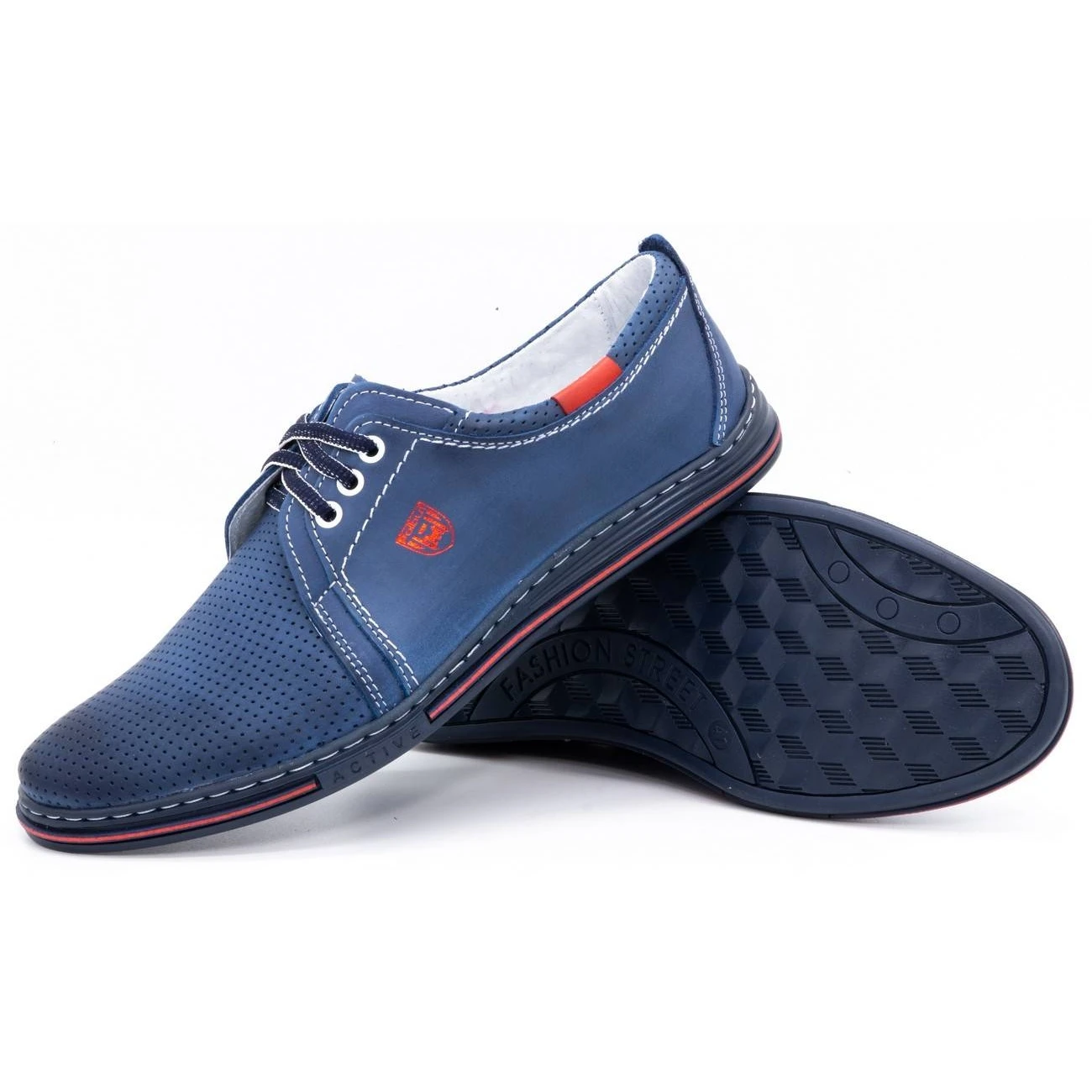 Polbut Chaussures En Cuir Pour Homme 343, Perforation Bleu Marine Rouge – Image 3