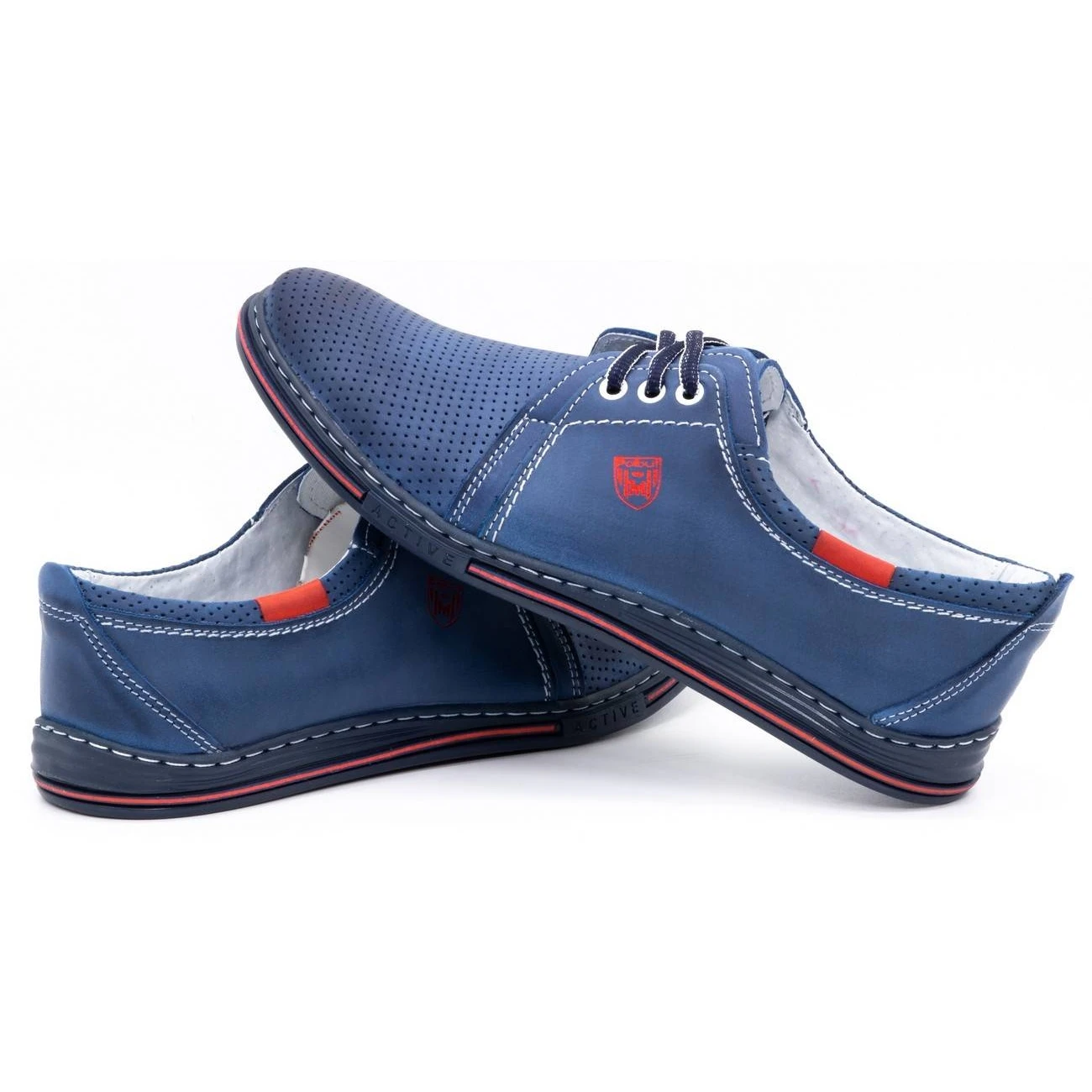 Polbut Chaussures En Cuir Pour Homme 343, Perforation Bleu Marine Rouge – Image 5