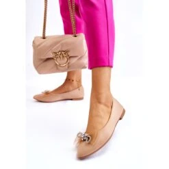 PS1 Ballerines Pointues Femme Avec Nœud Décoratif Beige Foncé Lumineux