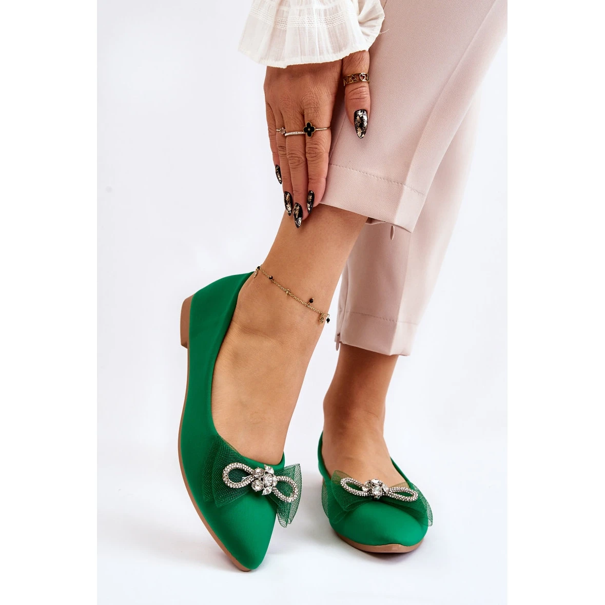 PS1 Ballerines Pointues Femme Avec Nœud Décoratif Vert Lumineux