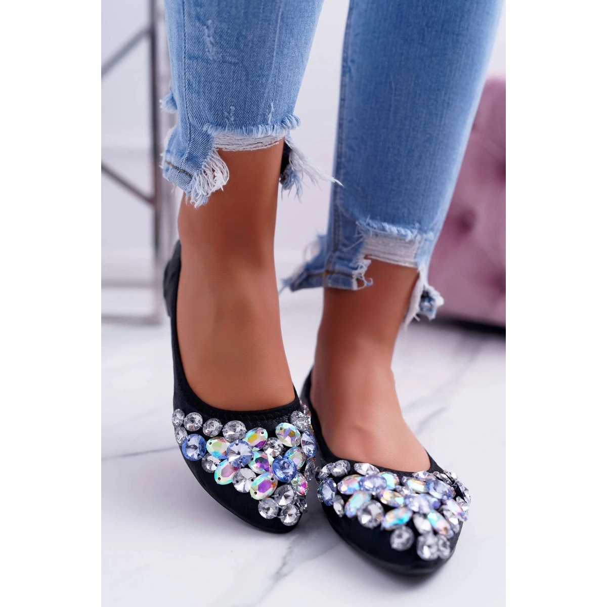 PS1 Ballerines Pour Femmes Avec Pierres De Cristal Noires Le Noir