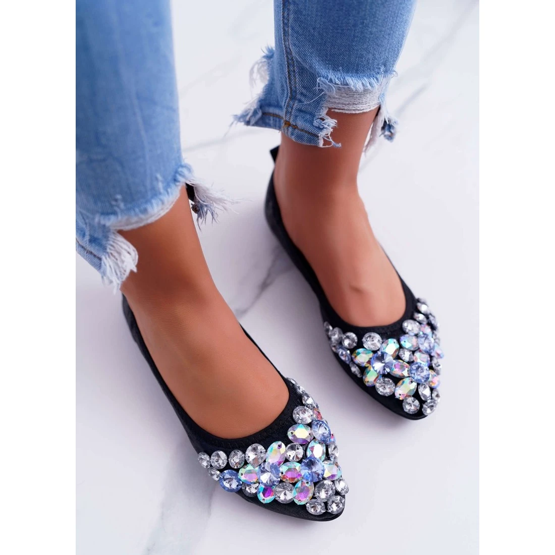 PS1 Ballerines Pour Femmes Avec Pierres De Cristal Noires Le Noir – Image 2